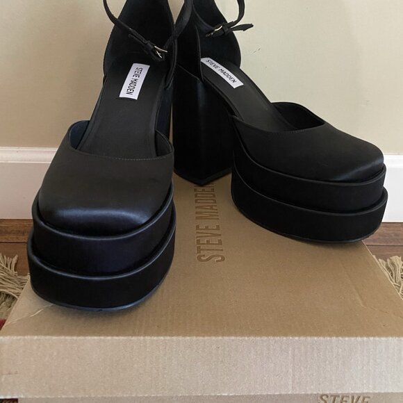 Steve Madden Shoes - Steve Madden ‘Charlize” Black Satin Stacked Platform Mary Jane’s